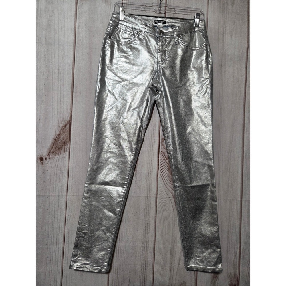 Venus Womens Silver Metallic Skinny Jeans Size 4 FAME Stretch Shiny Pants